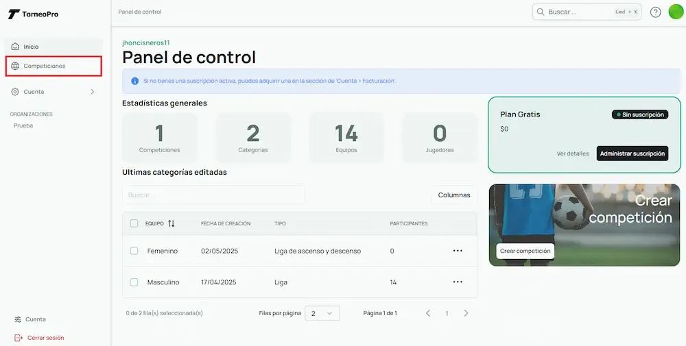 Navega a la sección 'Competiciones'